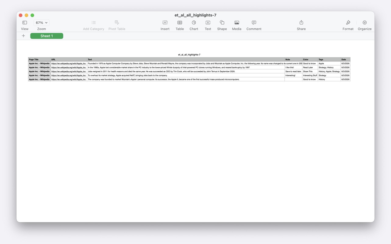Highlights exported to a CSV spreadsheet