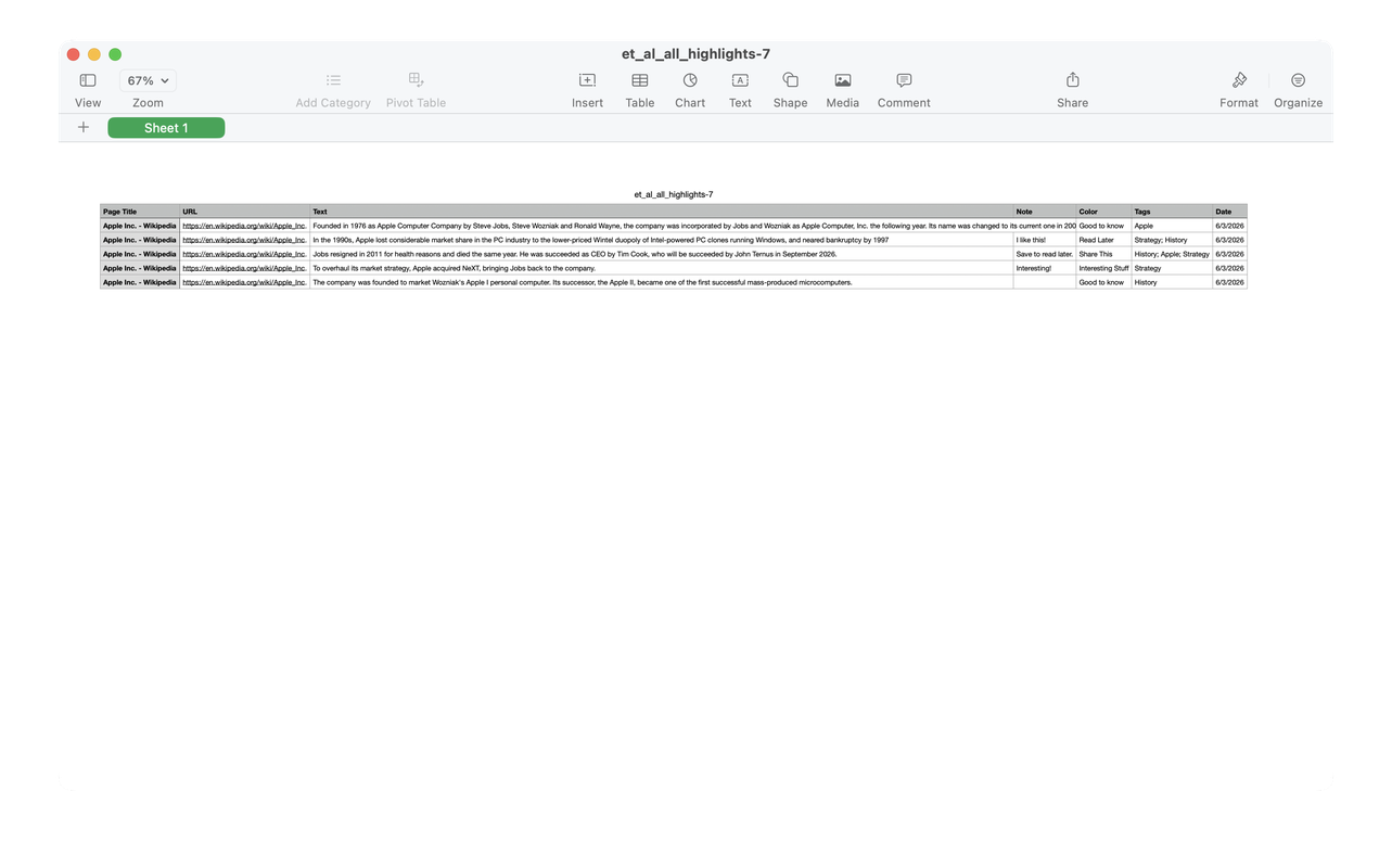 Highlights exported to a CSV spreadsheet