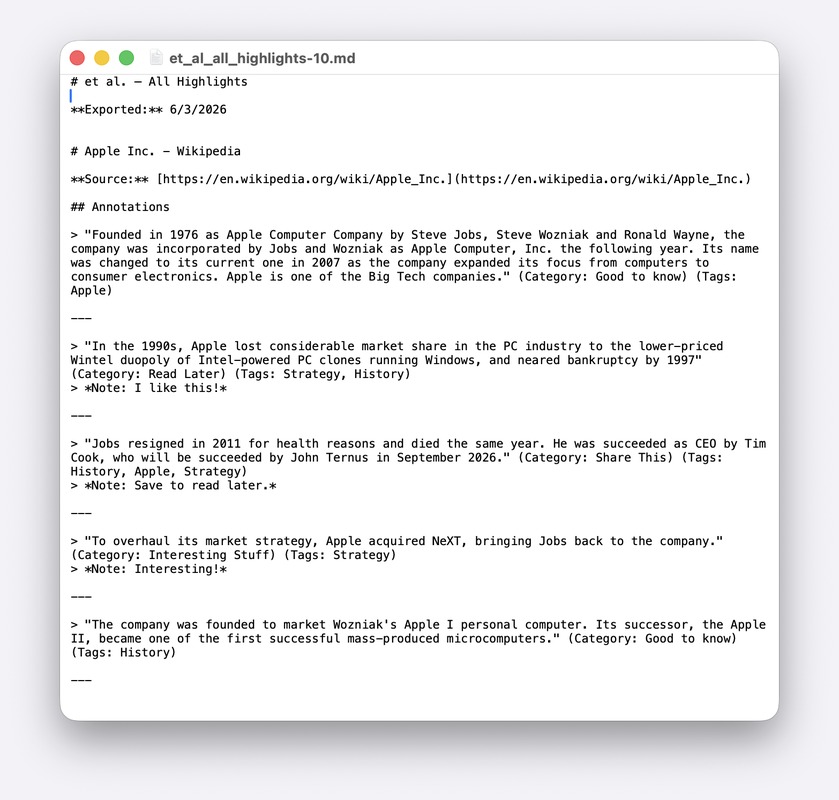 Highlights exported to a Markdown file