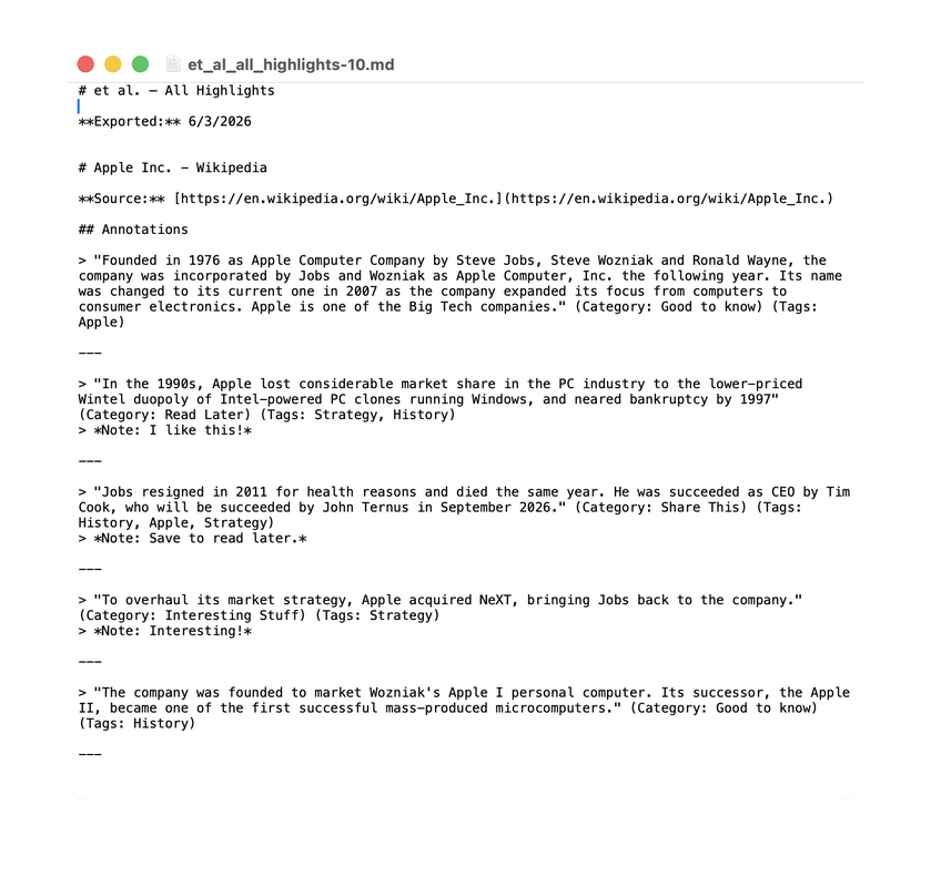 Highlights exported to a Markdown file