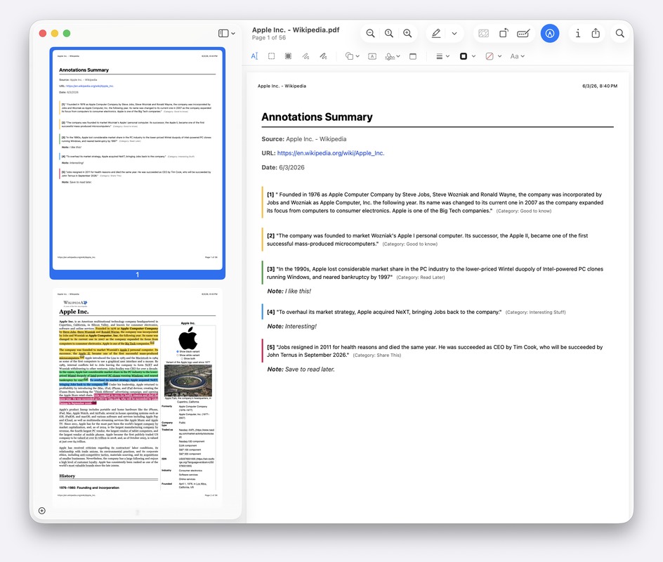 A page's highlights exported to a PDF report