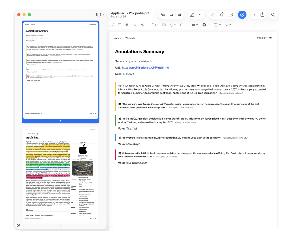 A page's highlights exported to a PDF report