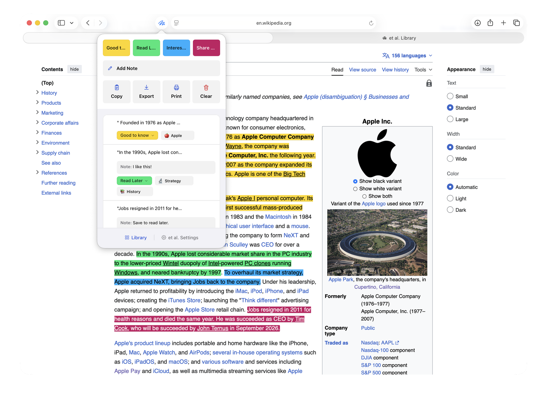 Highlighting an article in Safari with the et al. popup open