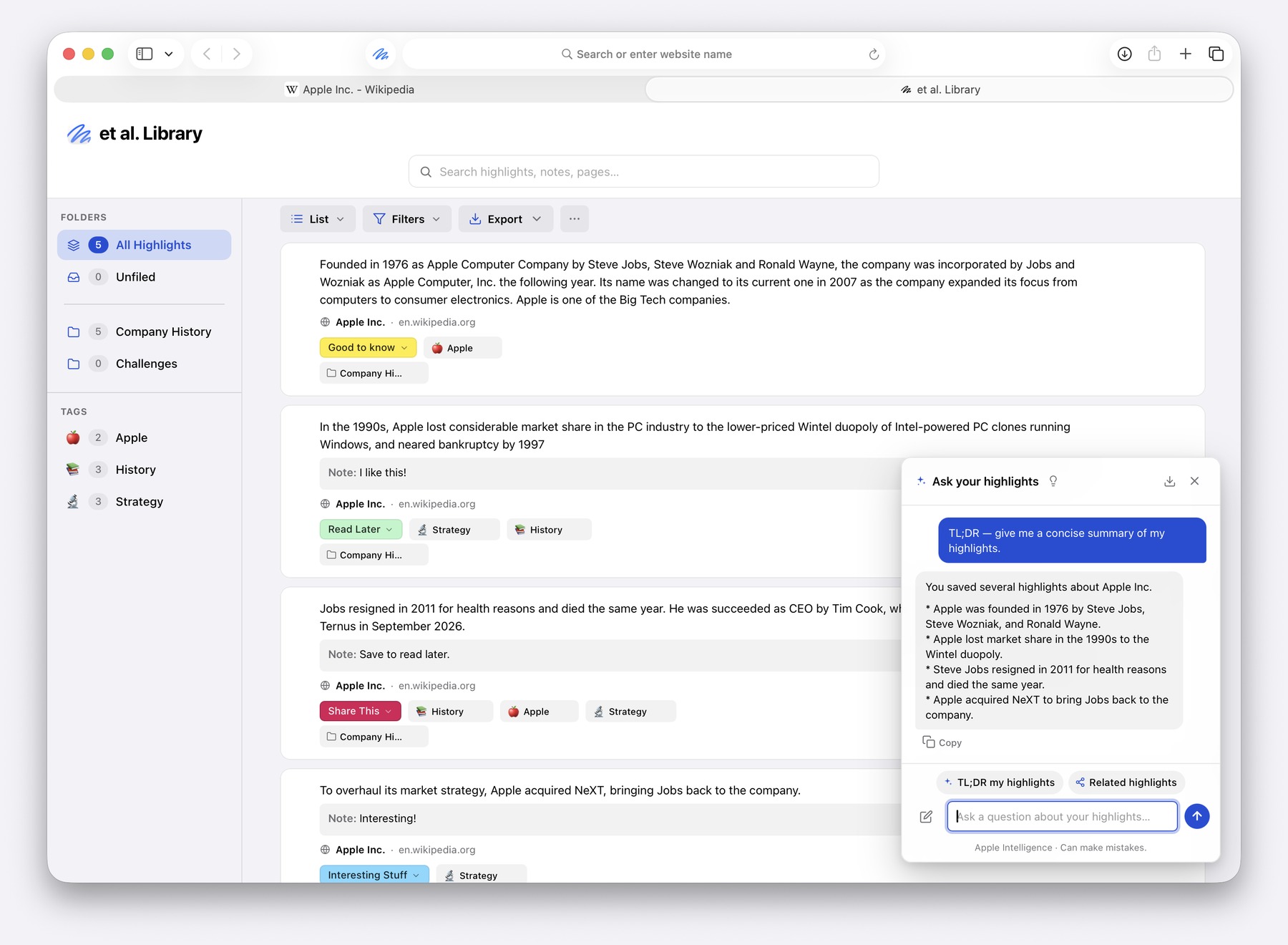 The et al. Library with folders, tags, highlights, and the Ask panel