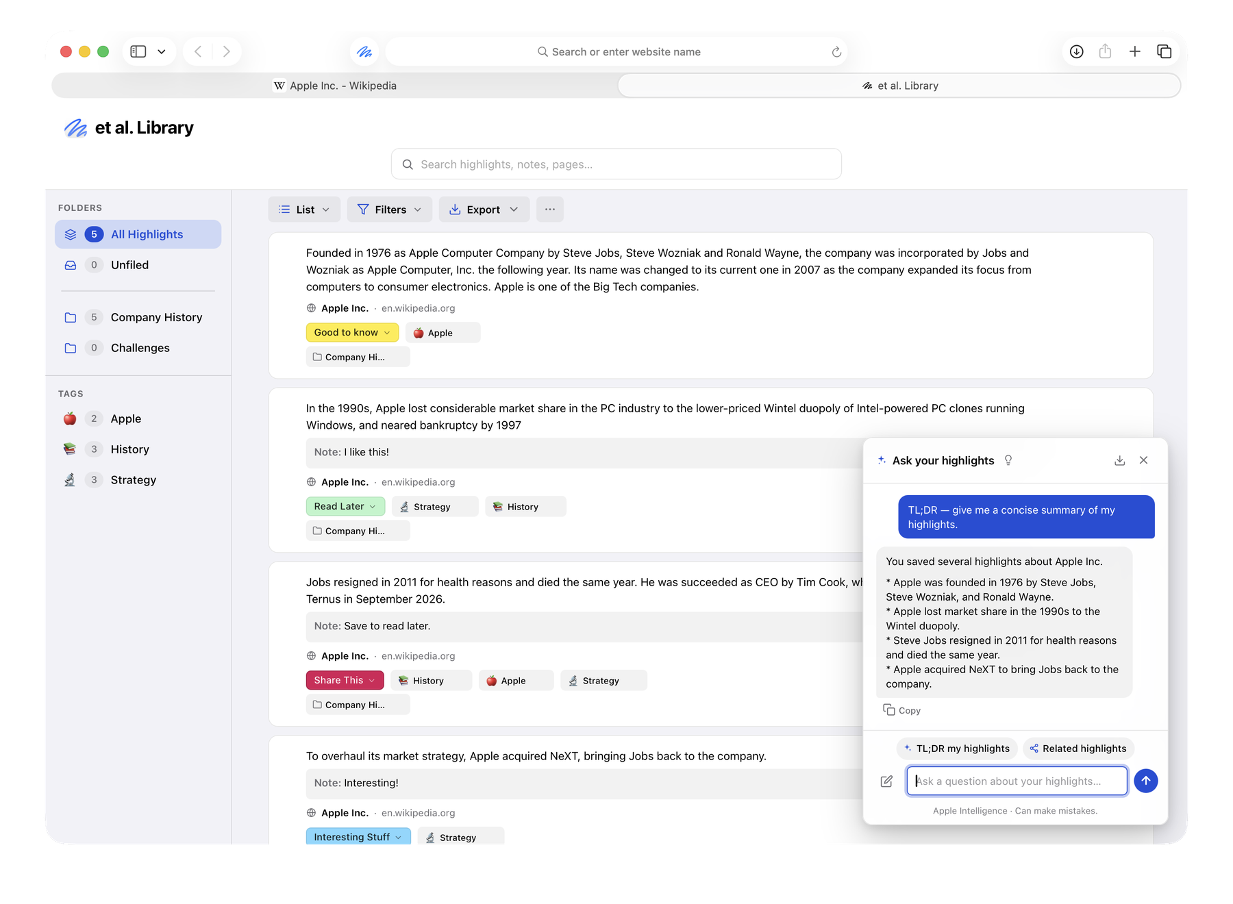 The et al. Library with folders, tags, highlights, and the Ask panel