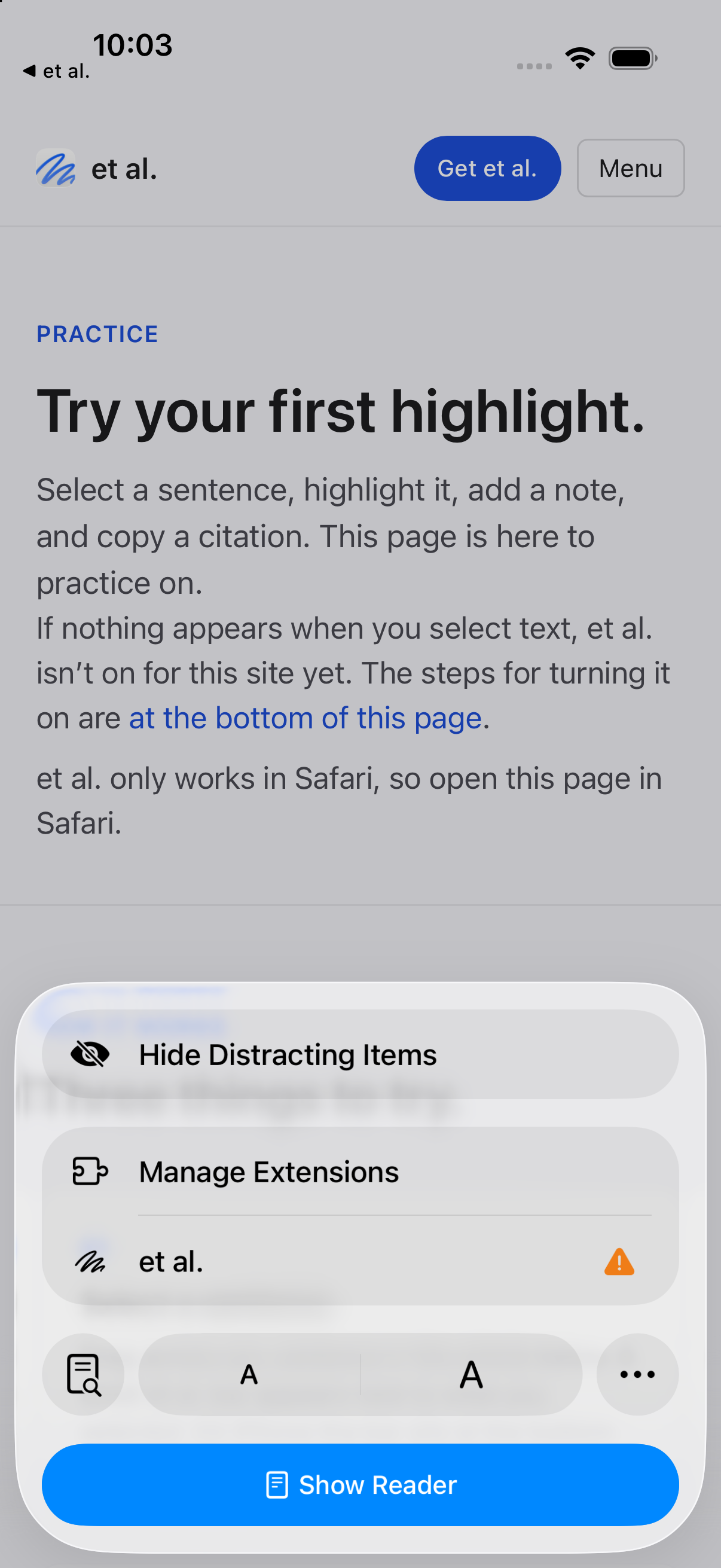 The et al. row in Safari’s open Page Menu on iPhone.